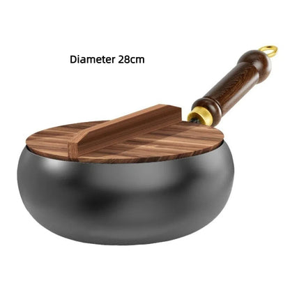 Healthy Hand Forging Cast Iron Pot NonStick Uncoated Frying Pan with Wooden Lid Chinese Wok Induction Cooker Gas