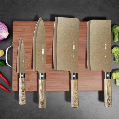 4-piece Commercial wood grain Titanium kitchen knife set, sharp meat cutter, multi-purpose slslice knife, chef BBQ knife se