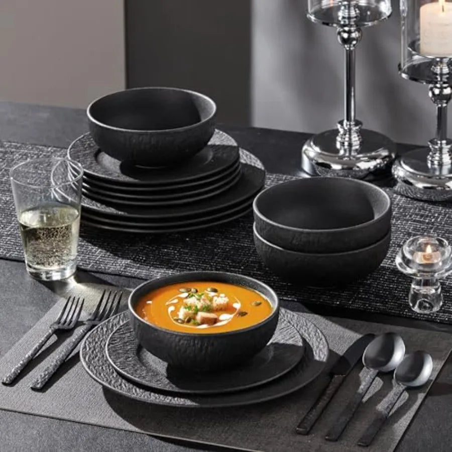 Black Dinnerware Sets 18-Piece Matte Marble Pattern Premium Porcelain Place Setting with Dinner Plate Salad Plate Pasta Bowl Mi