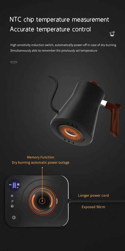 110V/220V Gooseneck Electric Kettle Smart Temperature Control Pot 1200W Rapid Heating Kettle 304 Stainless Steel Liner Pot 900ml