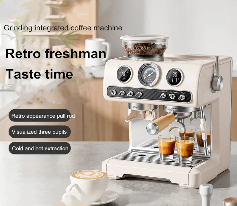 Semi-Automatic Espresso Coffee Machine, Dual Pump Cold & Hot Brew, Built-in Grinder, High Pressure 20 Bar, Compact Home Espresso
