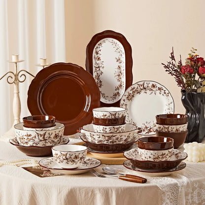 Retro Rose Household Anti-Slip full travel dish set is very luxurious luxury bowl kitchen dinner sets ceramic plates porcelain