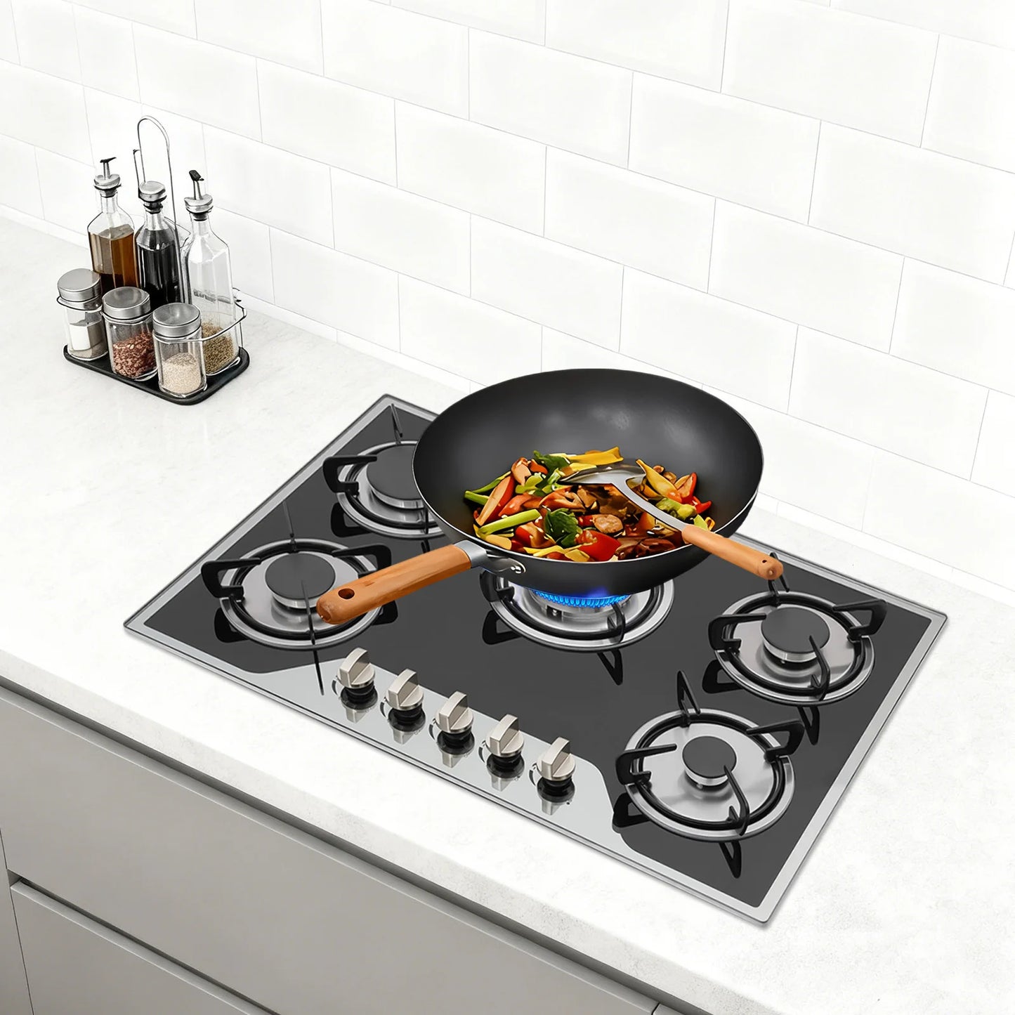 5 Burner Gas Hob Stainless Steel, LPG/NG Convertible Cooktop With 5 Individual Burners, Natural Gas Cooktop With Cast Iron Grates for Kitchen