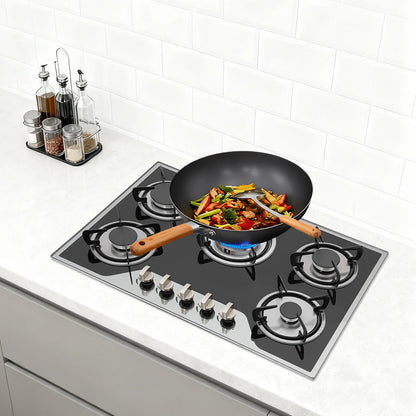 5 Burner Gas Hob Stainless Steel, LPG/NG Convertible Cooktop With 5 Individual Burners, Natural Gas Cooktop With Cast Iron Grates for Kitchen