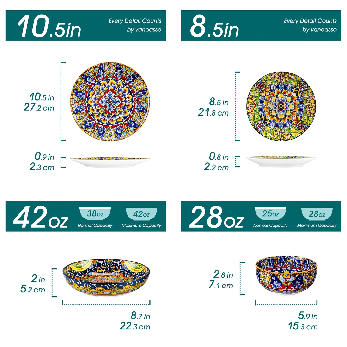 vancasso 24 Pcs Dinnerware Sets Bohemian Double Side Porcelain Ceramic Plates Set with 6PCS Dinner Plate/Dessert Plate/Soup/Bowl