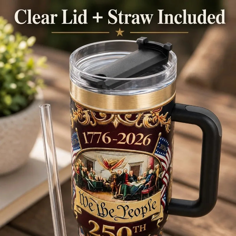 Patriotic US 250th Anniversary Travel Tumbler Stainless Steel Cup With Handle Lid Straw Commemorative Holiday Souvenir