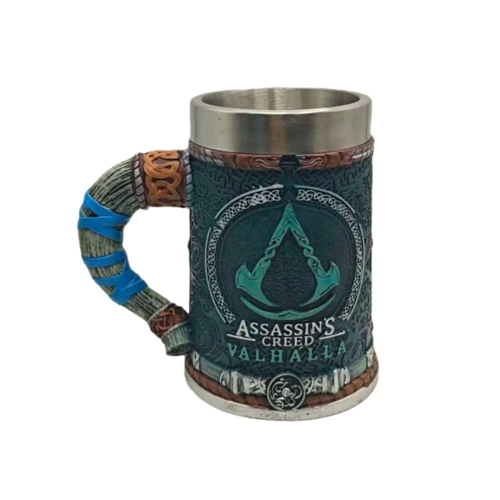 Assassins Creed Valhalla Viking Game Tankard Stainless Steel Liner Resin Coffee Mug Norse Warrior Stein Tankard for Gamer Gift