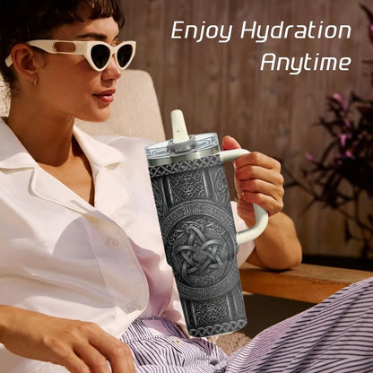 Norse Wolf Raven Celtic Prints Vacuum Flasks 40oz 3rd Gen Vacuum Insulated Stainless Steel Tumbler Cup With Handle Straw Lid