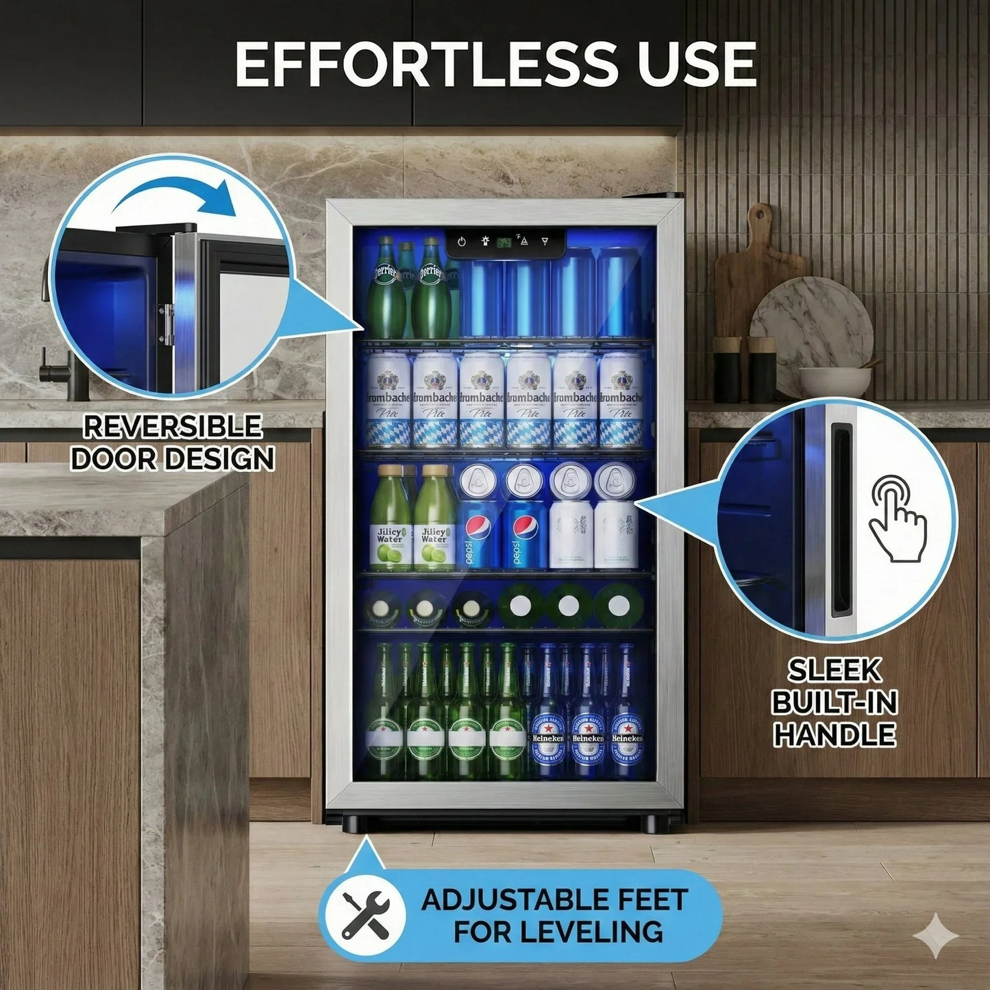 125-Can Beverage Refrigerator and Cooler with Glass Door in Silver, 17.3 in D x 31.5 in H, Energy-Efficient and Durable Mini Fridge for Home, Kitchen, Office, or Bar, Ideal for Soda, Beer, Water, and Drinks Storage, Stylish,