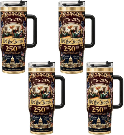 Patriotic US 250th Anniversary Travel Tumbler Stainless Steel Cup With Handle Lid Straw Commemorative Holiday Souvenir