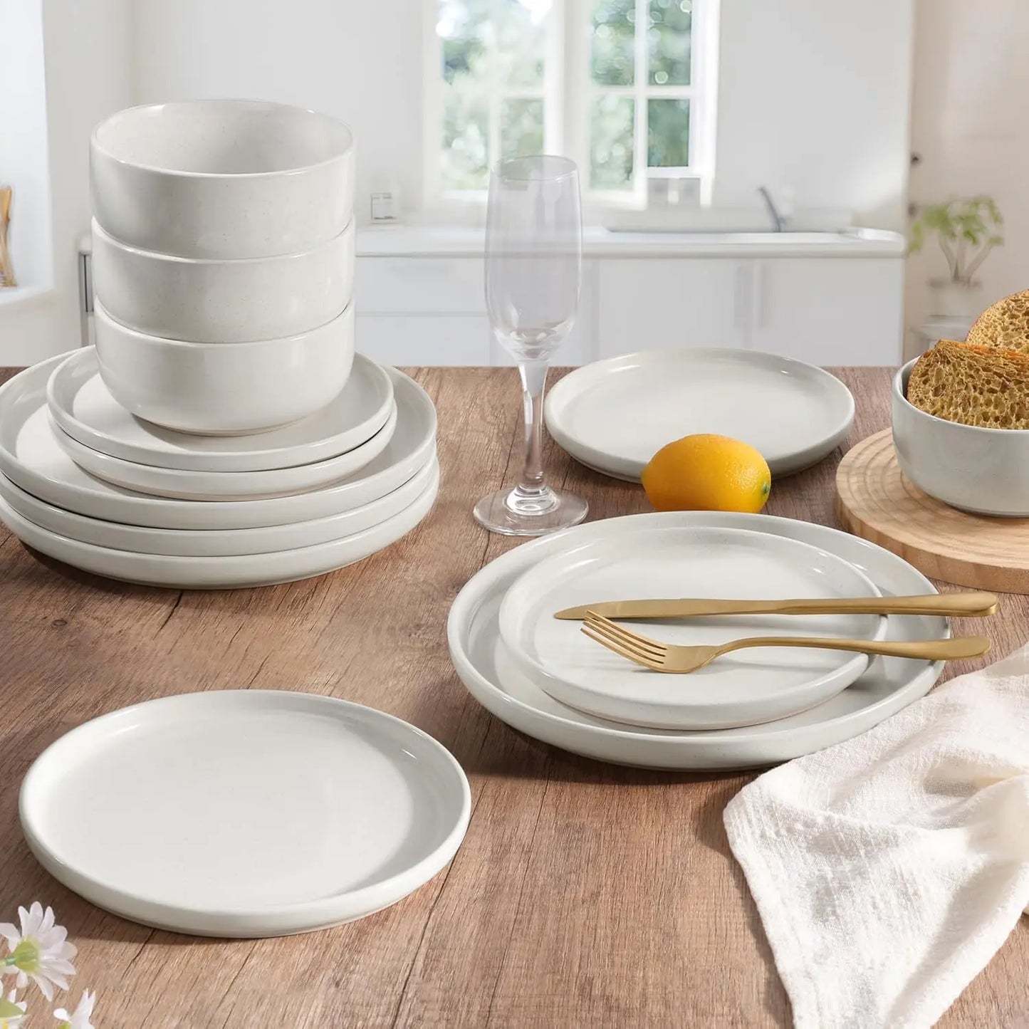 Stoneware Dinnerware Sets, 12-Piece Plates and Bowls Set for 4, Dishes Set for Home Restaurant, Speckled Milky White