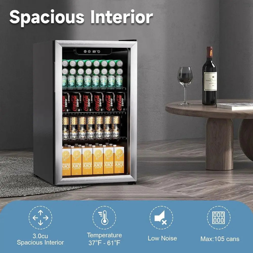 Compact 3.0 Cu. Ft. Beverage Refrigerator with Glass Door, Adjustable Shelves, and Temperature Control for Soda, Beer, or Wine