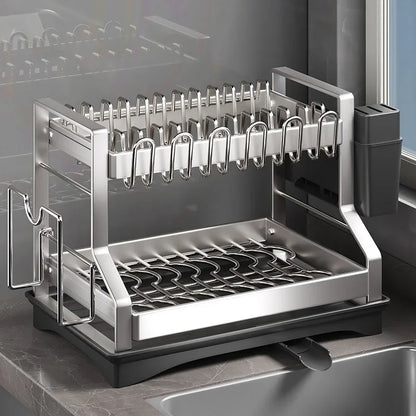 Kitchen Organizer 2 Tier Dish Drying Rack Utensils Storage Rack Bowls Knife Fork Pot Holder Countertop Dinnerware Drainboard