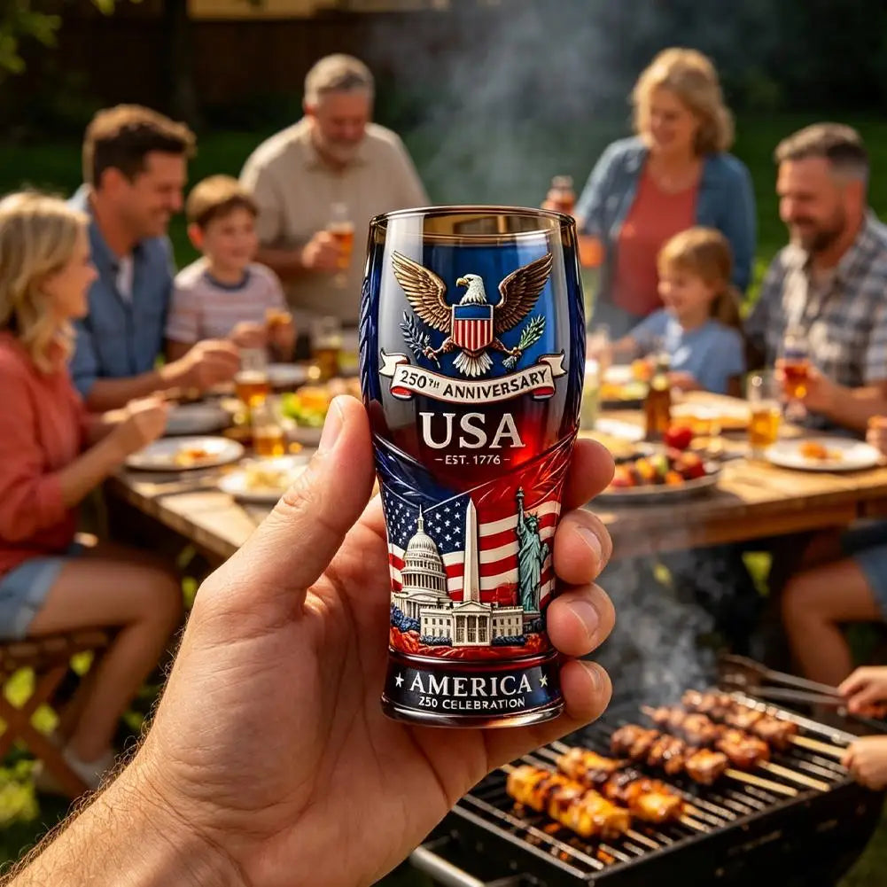 USA 250th Anniversary Beer Glass Embossed 1776-2026 Patriotic Drinking Cup American Eagle Flag Decor Gift for Dad Men