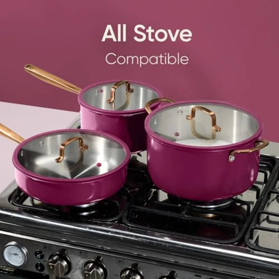 24pcs Tri-Ply Stainless Steel Cookware Set Pots and Pans for Induction Cooking Non-Toxic Outer Ceramic Layer Violet Purple