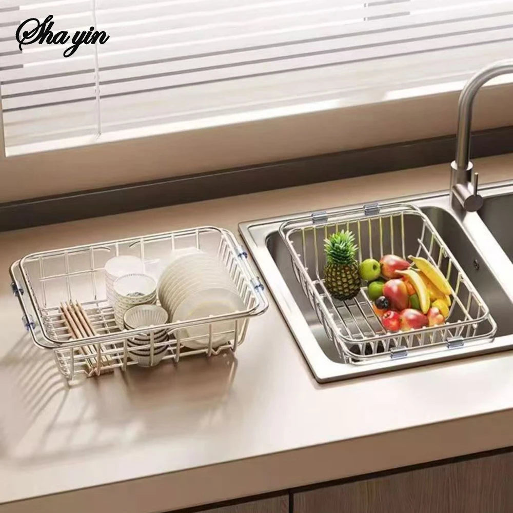Stainless Steel Telescopic Sink Drain Rack Non-Slip Dish Drying Kitchen Bathroom Countertop Organizer Rack for Household Use