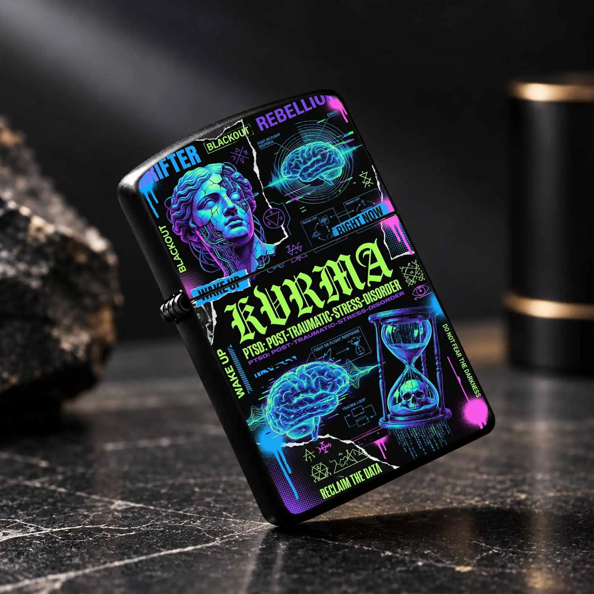 Cyber Style Kvrma Themed Lightweight Lighter, Trendy Print Of Statue Brain Hourglass, Portable Accessory For Daily Outdoor Multi Scenarios, Cool Unique Practical Item For Everyday Use And Festival Gift Giving A Humorous And I