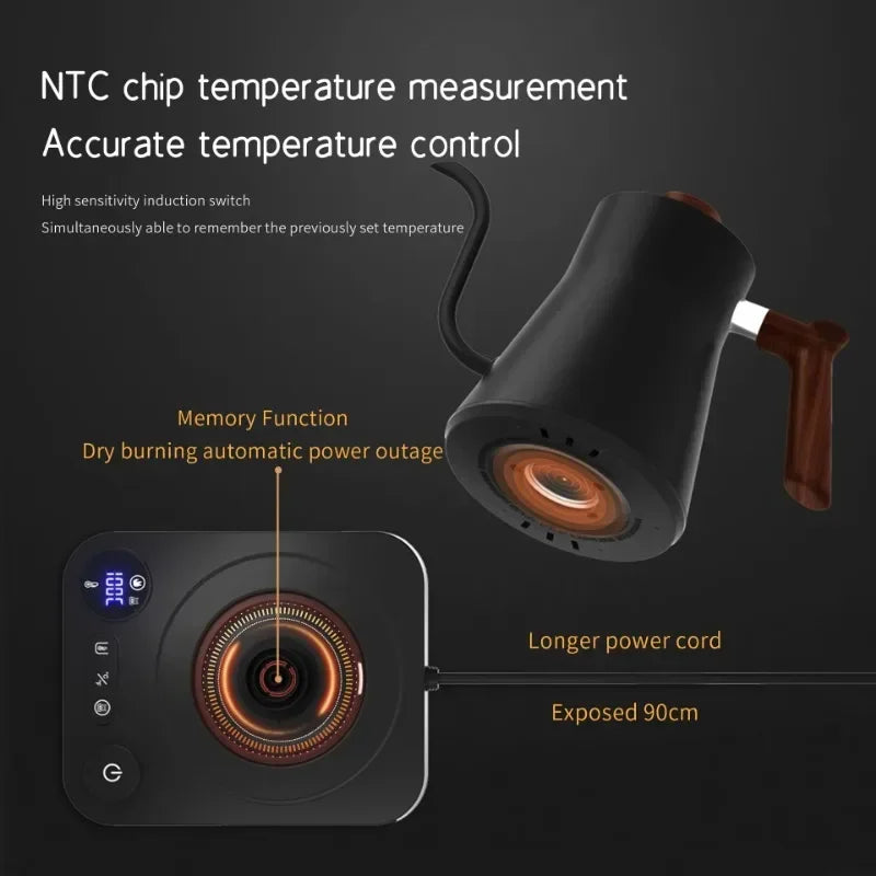 900ML Coffee Teapot Stainless Steel Quick Water Boiler Electric Gooseneck Kettle 1200W Temperature Control Suitable for Home Use