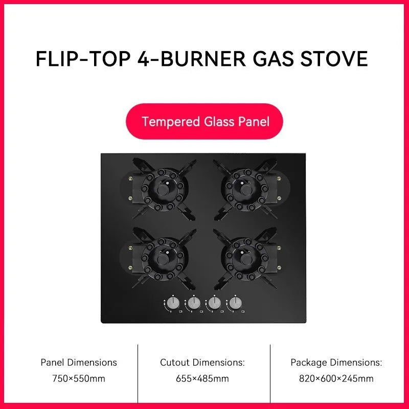 4 Burner Gas Stove Tempered Glass Cooktop Built-in Hob Flip-Top Kitchen Cooker for Home/Restaurant (NG/LPG Optional)