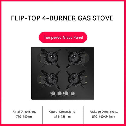 4 Burner Gas Stove Tempered Glass Cooktop Built-in Hob Flip-Top Kitchen Cooker for Home/Restaurant (NG/LPG Optional)