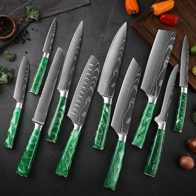 Damascus Pattern Knives Set Stainless Steel Chef Knife Japanese Santoku Knife Boning Knife Meat Cleaver Household Bread Knives