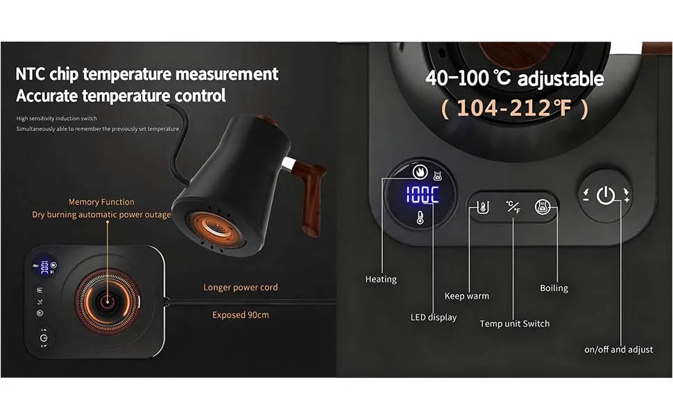 1200W/0.9L Gooseneck Electric Kettle LCD Display Pour Over Kettle for Coffee Tea,Intelligent Temperature Control,Quick Heating