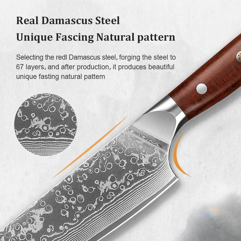 1/3PCS Kitchen Knife Sets Japanese Forged Damascus Steel Chef Santoku Knives Stainless Steel Rosewood Handle