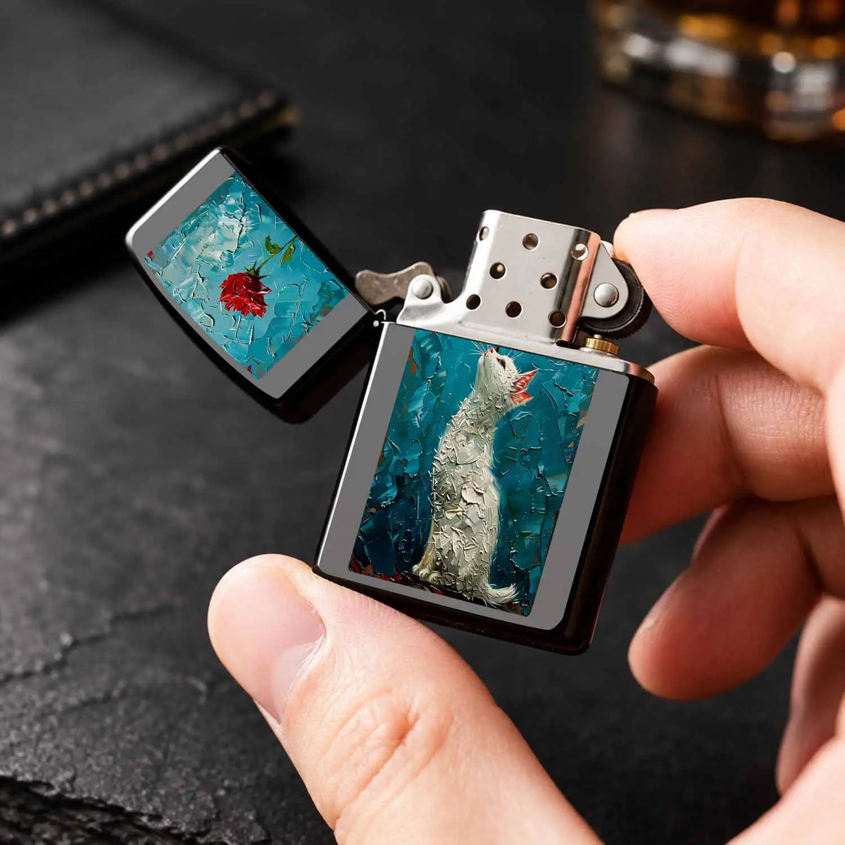 Creative Impasto Style White Cat With Red Rose Pattern Lighter, Exquisite Artistic Portable Daily Companion, Trendy Aesthetic Versatile Item For Home Display, Travel Carry, Gifting To Friends And Family For All Occasion A Hum