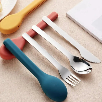 3pcs/set With Silicone Case Travel Cutlery Set Rust-proof Reusable Flatware Set 304 Stainless Steel Mirror Polished
