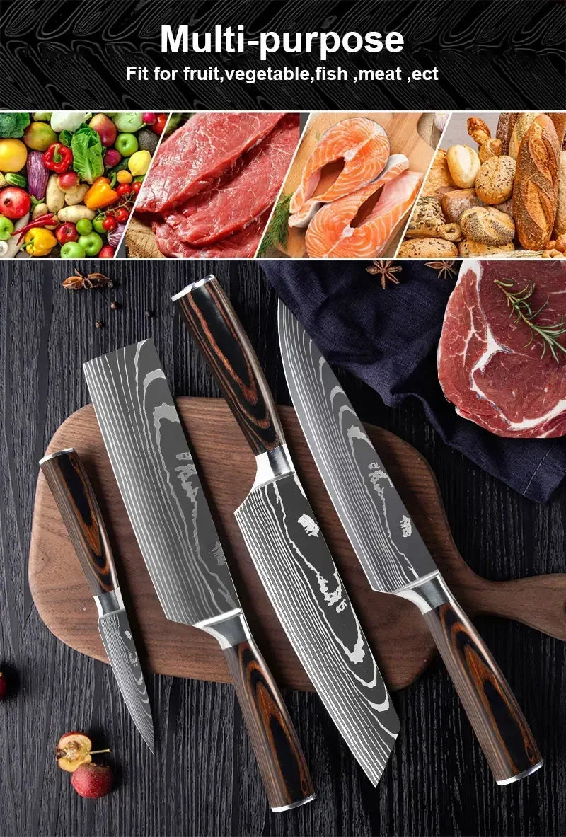 Damascus Pattern Knives Set Stainless Steel Chef Knife Japanese Santoku Knife Boning Knife Meat Cleaver Household Bread Knives