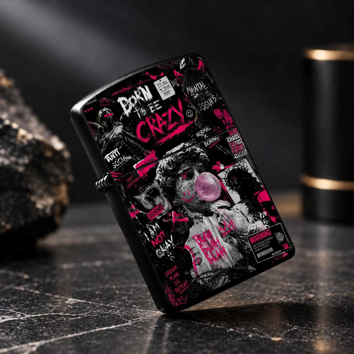 Trendy Street Style Born To Be Crazy Themed Lighter, Distinctive David Blowing Bubbles Art Print, Bold Attitude Statement Decor, Portable For All Daily Scenarios, Unique Niche Cool Gift For Friends, High Vibe Personal Carry A