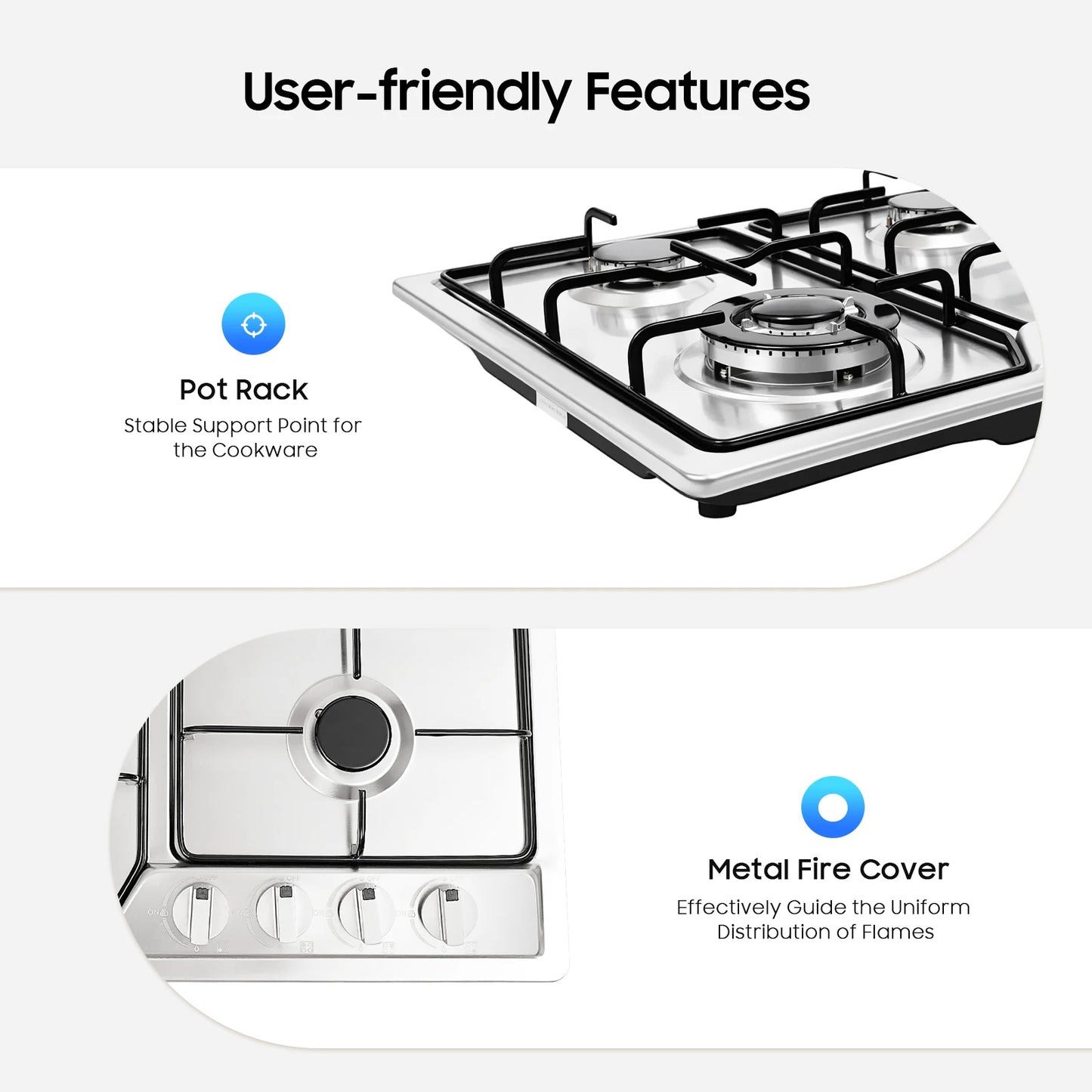 4 Burners Stainless Steel Gas Stove,  22″x20″ Built-In Natural Gas Cooktop  Gas Stove Top with Sealed Burner, Pulsed Ignition, Thermocouple Protection