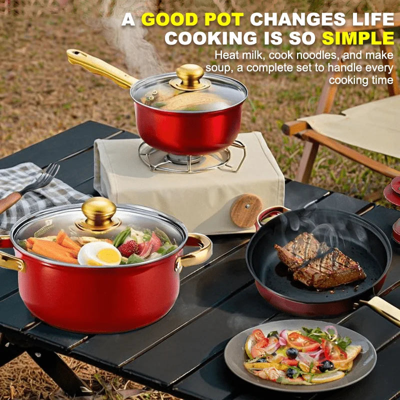 us12pcs Red Pot Set, Stainless Steel, Non-Stick Pan, Kitchen Cookware Set, Non-Stick Cooking Set, A Variety of Pots to Meet All Kitchen Needs, The Most Beautiful And Practical Gift for Mothersd
