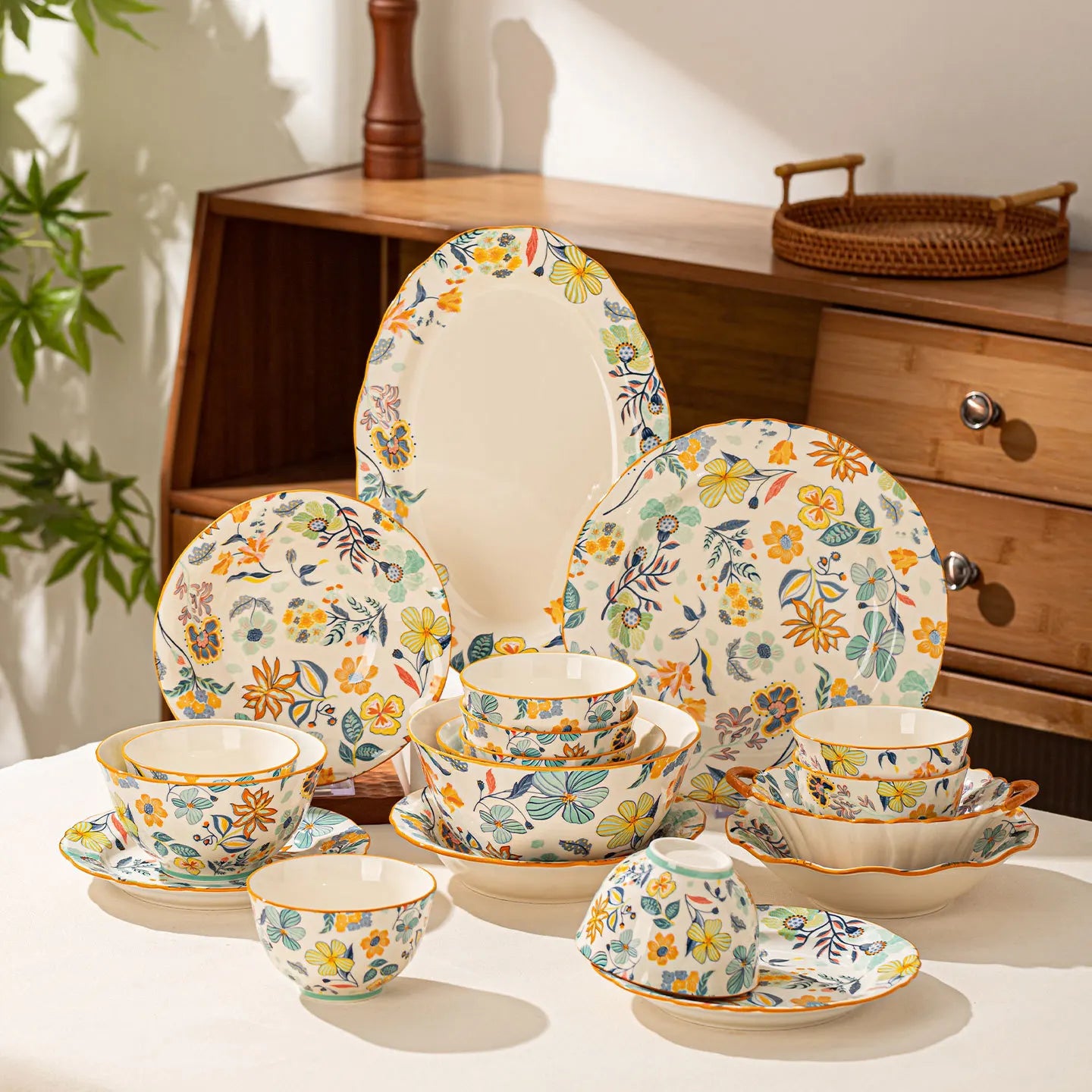 LingAo-Japanese Country Style Ceramic Tableware Set of Plates and Bowls with Underglaze Colors