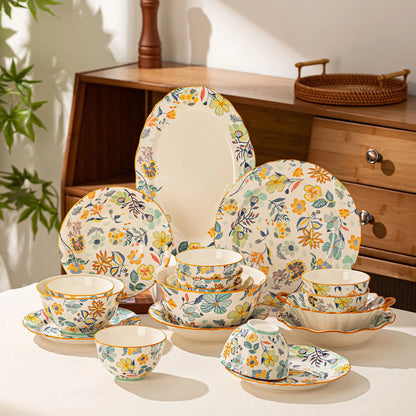 LingAo-Japanese Country Style Ceramic Tableware Set of Plates and Bowls with Underglaze Colors