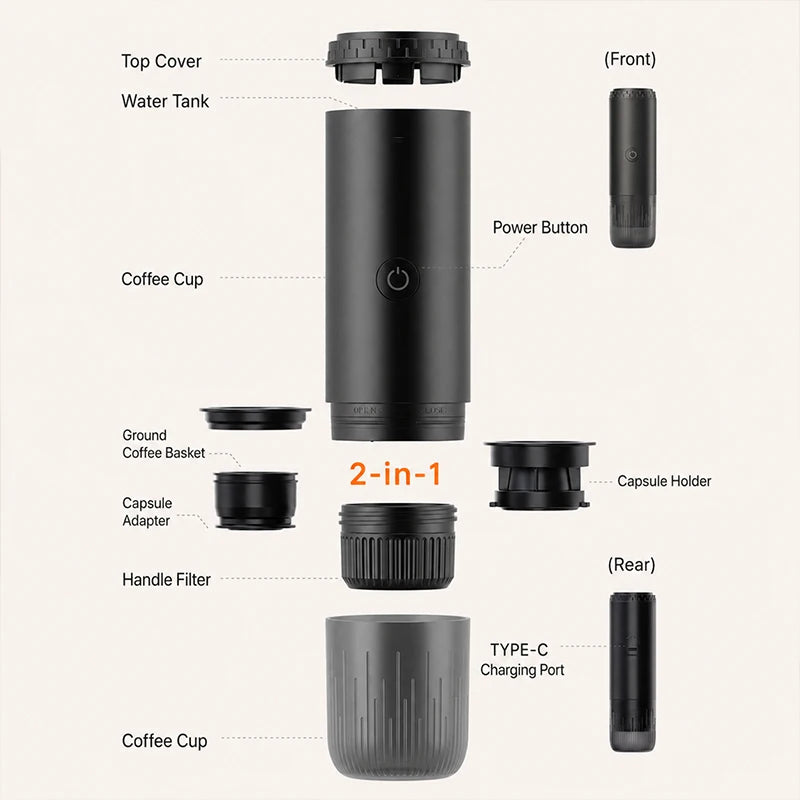 Portable Espresso Coffee Machine 3-in-1 Capsule Coffee Maker for Car Home Camping - Compact Travel Espresso Machine