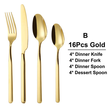 4/6/12/16/18/20/24Pcs Gold Cutlery Set Stainless Steel 304 Tableware Elegant Western Knife Fork Spoon Mirror Dinner Set