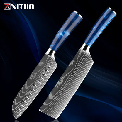 Stainless Steel Chef Knife Kitchen Knife Set 1-8Piece Razor-Sharp Paring Knife, Boning Knife, Santoku Knife, Blue Resin Handle