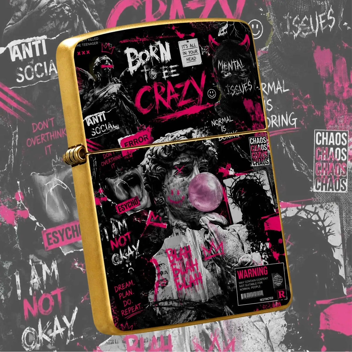 Trendy Street Style Born To Be Crazy Themed Lighter, Distinctive David Blowing Bubbles Art Print, Bold Attitude Statement Decor, Portable For All Daily Scenarios, Unique Niche Cool Gift For Friends, High Vibe Personal Carry A
