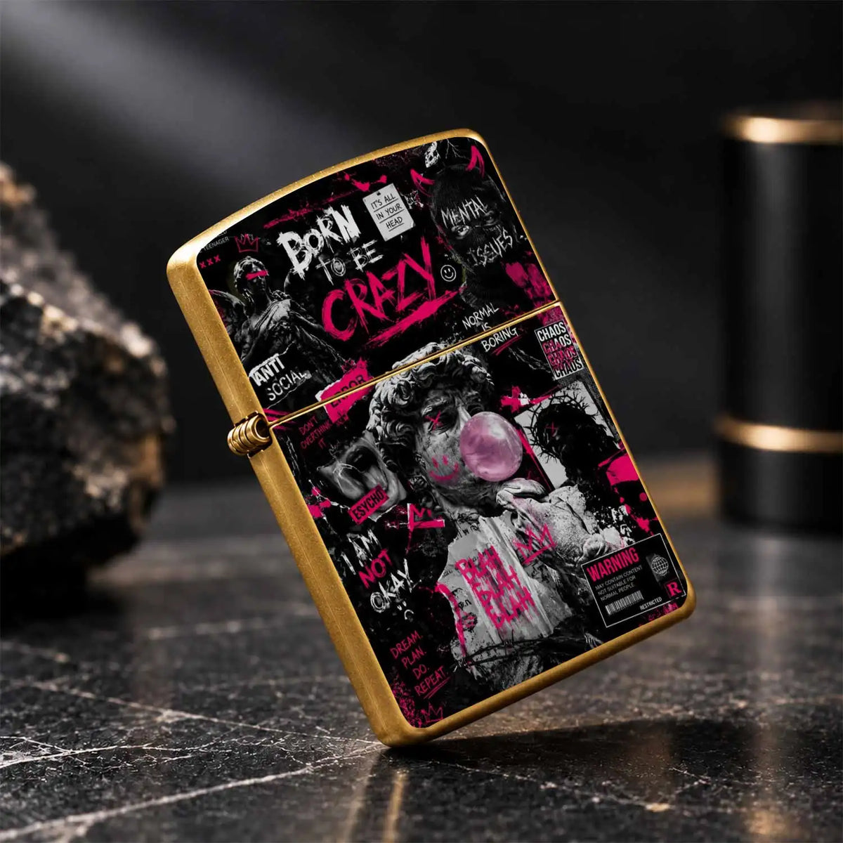 Trendy Street Style Born To Be Crazy Themed Lighter, Distinctive David Blowing Bubbles Art Print, Bold Attitude Statement Decor, Portable For All Daily Scenarios, Unique Niche Cool Gift For Friends, High Vibe Personal Carry A