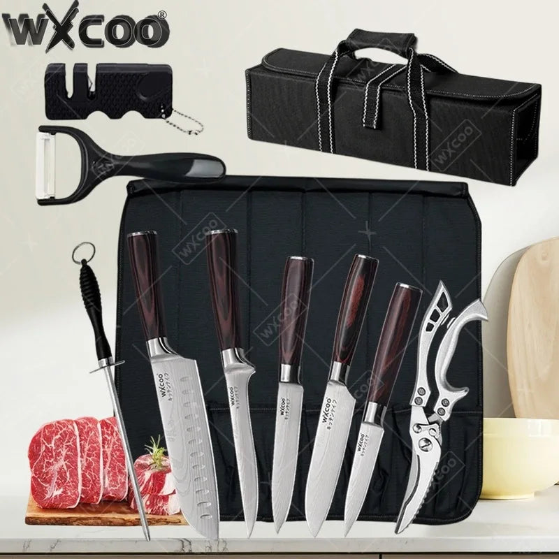 WXCOO Professional Chef Knife Damascus Japanese Stainless Steel Kitchen Boning Knives Set with Roll Canvas Bag
