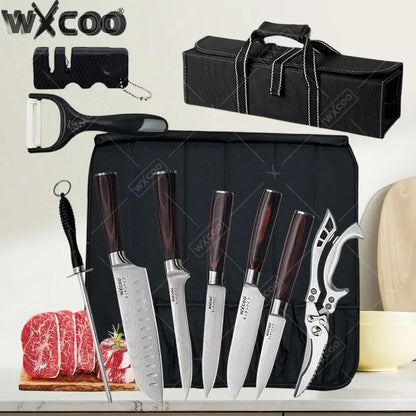 WXCOO Professional Chef Knife Damascus Japanese Stainless Steel Kitchen Boning Knives Set with Roll Canvas Bag
