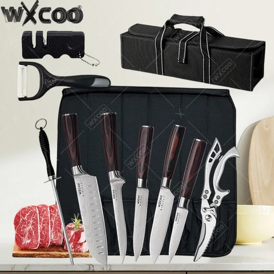 WXCOO Professional Chef Knife Damascus Japanese Stainless Steel Kitchen Boning Knives Set with Roll Canvas Bag