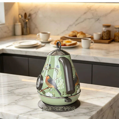 1.7L Light Luxury Decal Electric Kettle Green Vintage Floral Bird Kettle Mechanical Thermometer Boil Dry Protection