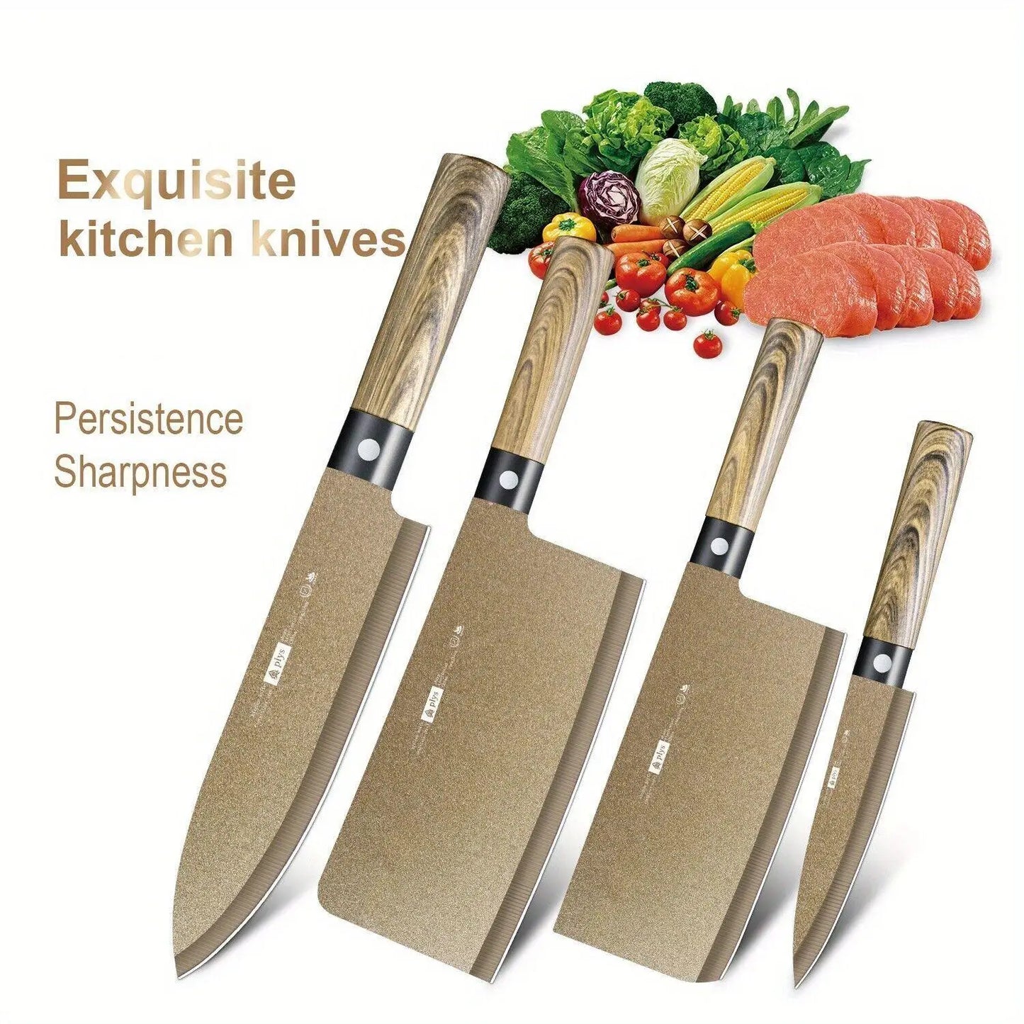 4-piece Commercial wood grain Titanium kitchen knife set, sharp meat cutter, multi-purpose slslice knife, chef BBQ knife se