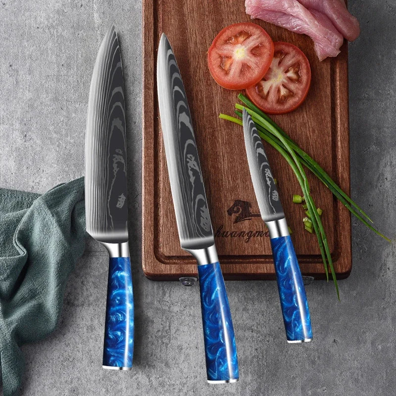 Damascus Pattern Knives Set Stainless Steel Chef Knife Japanese Santoku Knife Boning Knife Meat Cleaver Household Bread Knives