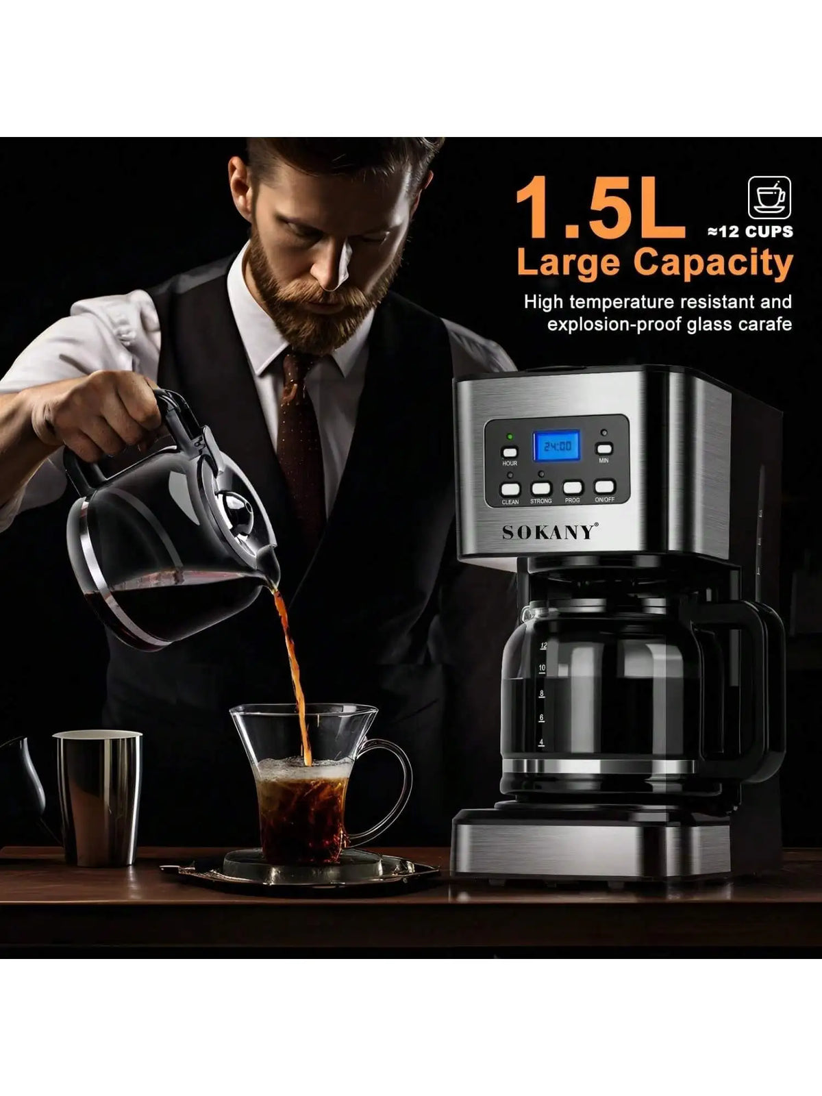 SOKANY Programmable Drip Coffee Maker 12 Cup With 24H Timer Strong Brew LCD Display Keep Warm Auto Shut Off for Home Kitchen