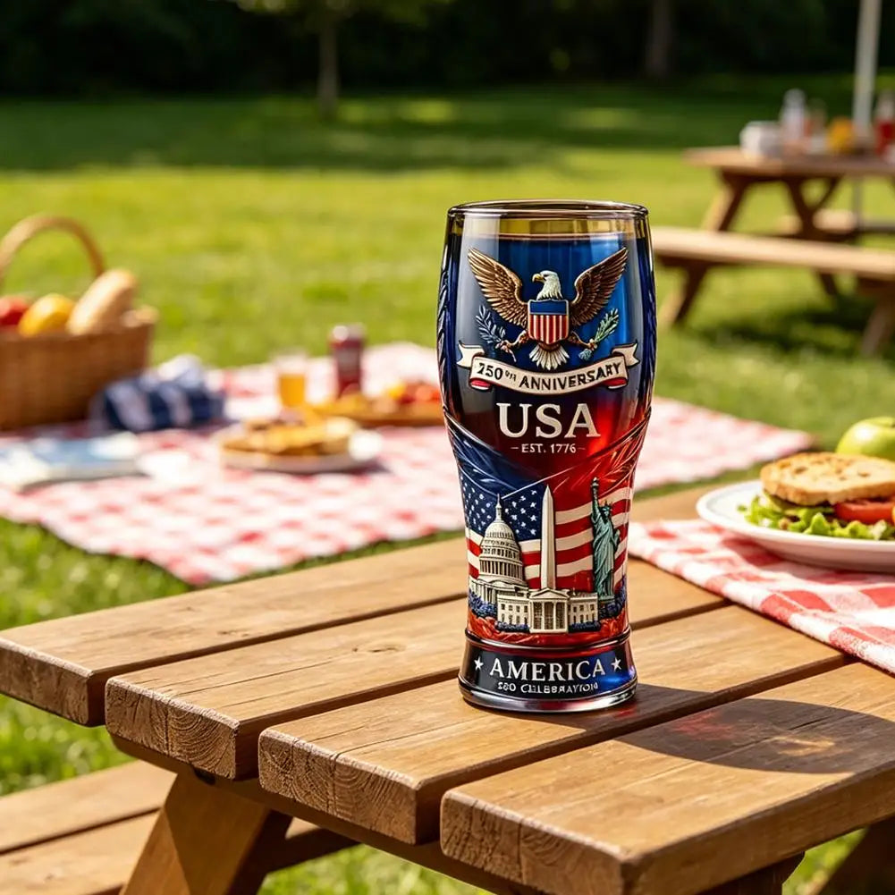 USA 250th Anniversary Beer Glass Embossed 1776-2026 Patriotic Drinking Cup American Eagle Flag Decor Gift for Dad Men