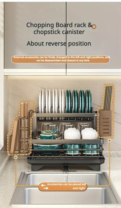 2-Tier Carbon Steel Dish Drying Rack for Kitchen Counter, Large Capacity Dish Drainer with 360° Swivel Spout, Rust-Proof Utensil & Cutting Board Holder