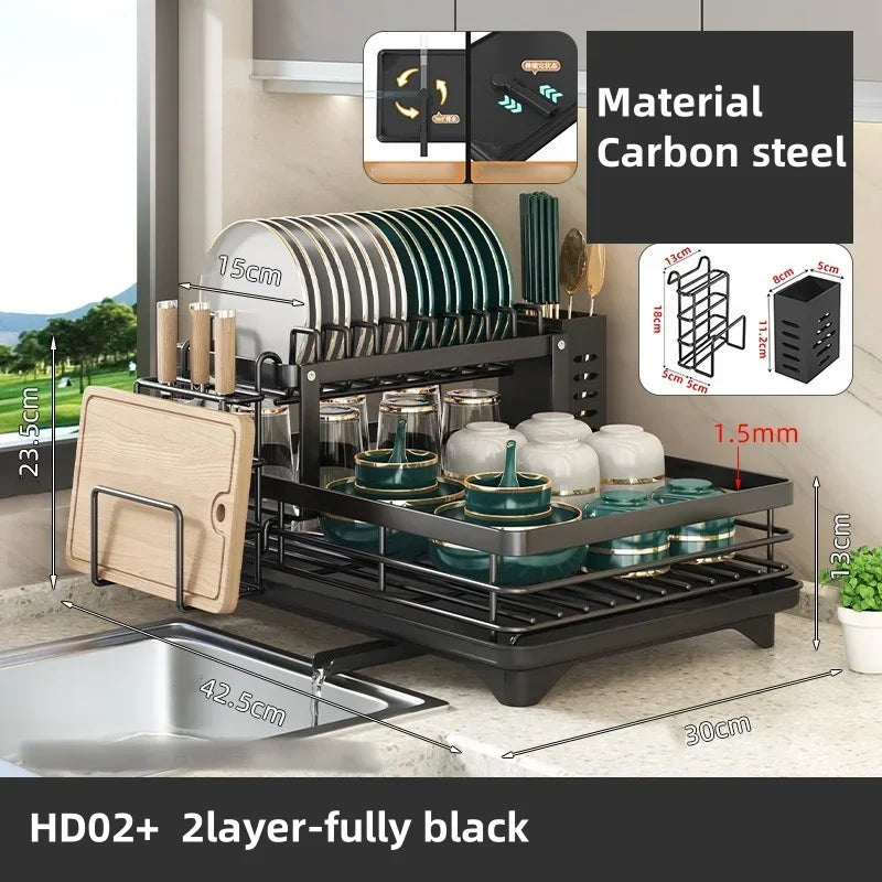 Kitchen Dish Drain Rack Plates Bowls Chopsticks Carbon Steel Storage Rack with Drain Board Sink Countertop Tableware Storage